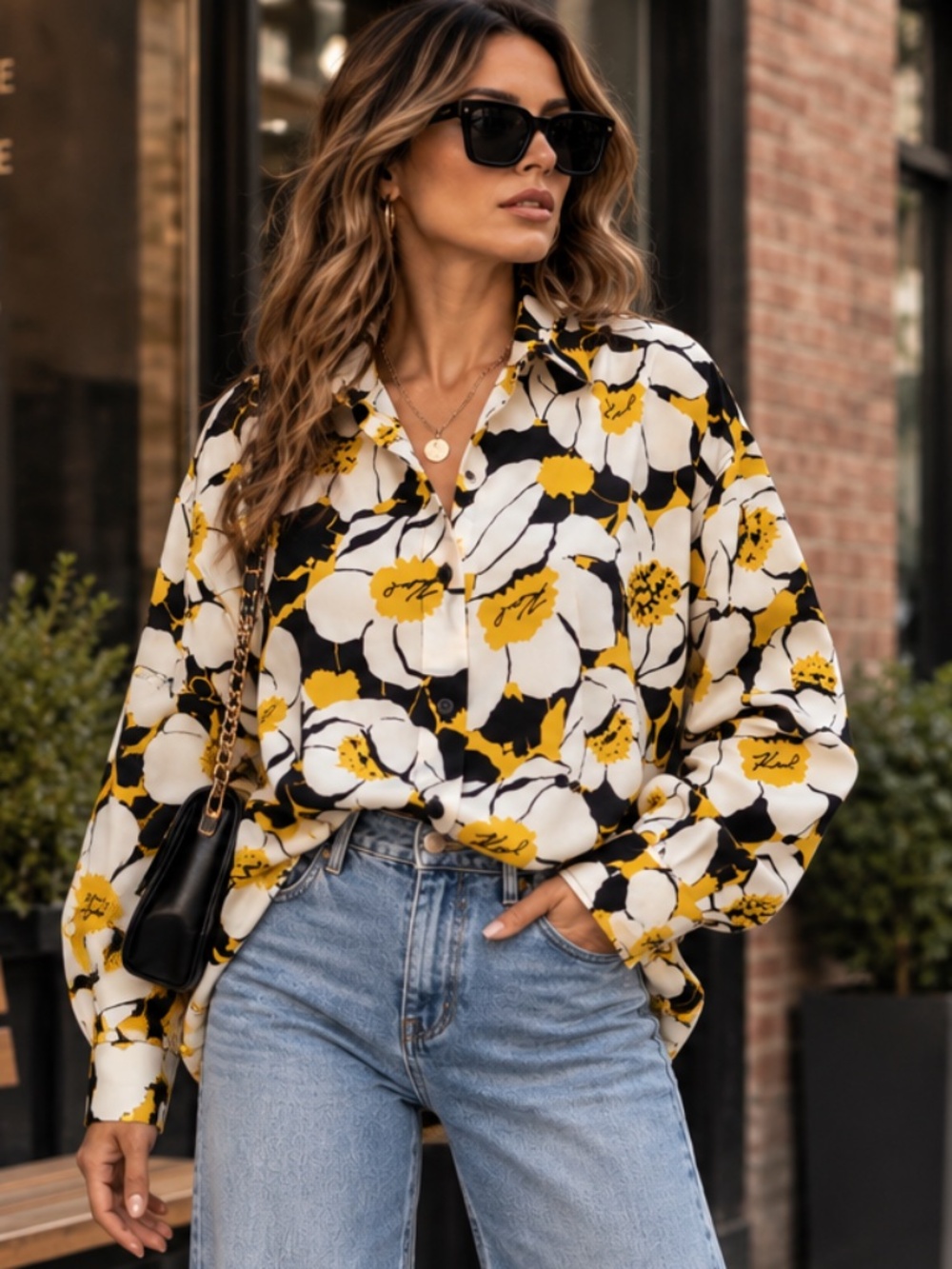 Karl Lagerfeld Paris Floral Button Front Blouse Size L NWOT White Black Yellow